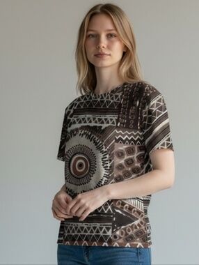 NEW! Roxy Brown & Cream Geometric Patchwork Short-Sleeve Tee With Bling 4367